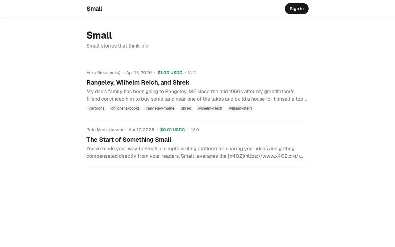 Small, an x402 powered writing site