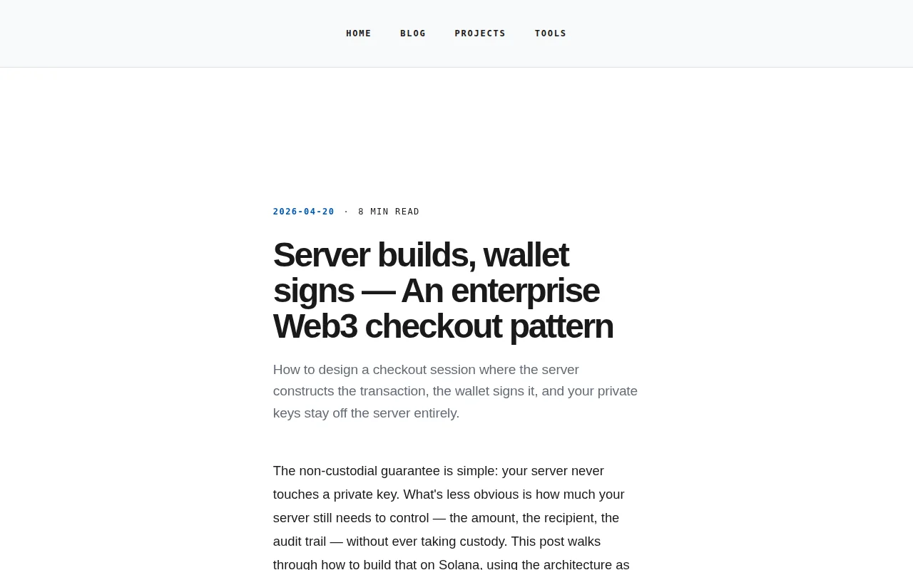 Server builds, wallet signs — a non-custodial Web3 checkout pattern