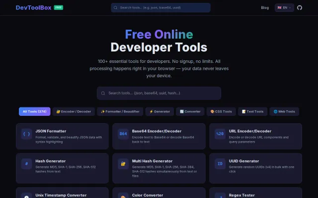 DevToolBox – 88 client-side developer tools, no tracking, 9 languages
