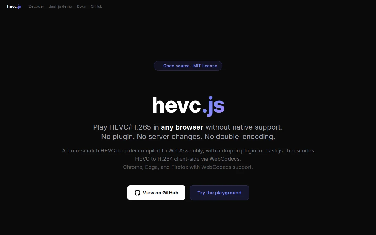 Hevc.js – HEVC/H.265 to H.264 transcoding in WebAssembly (236KB)