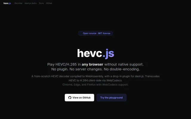 Hevc.js – HEVC/H.265 to H.264 transcoding in WebAssembly (236KB)