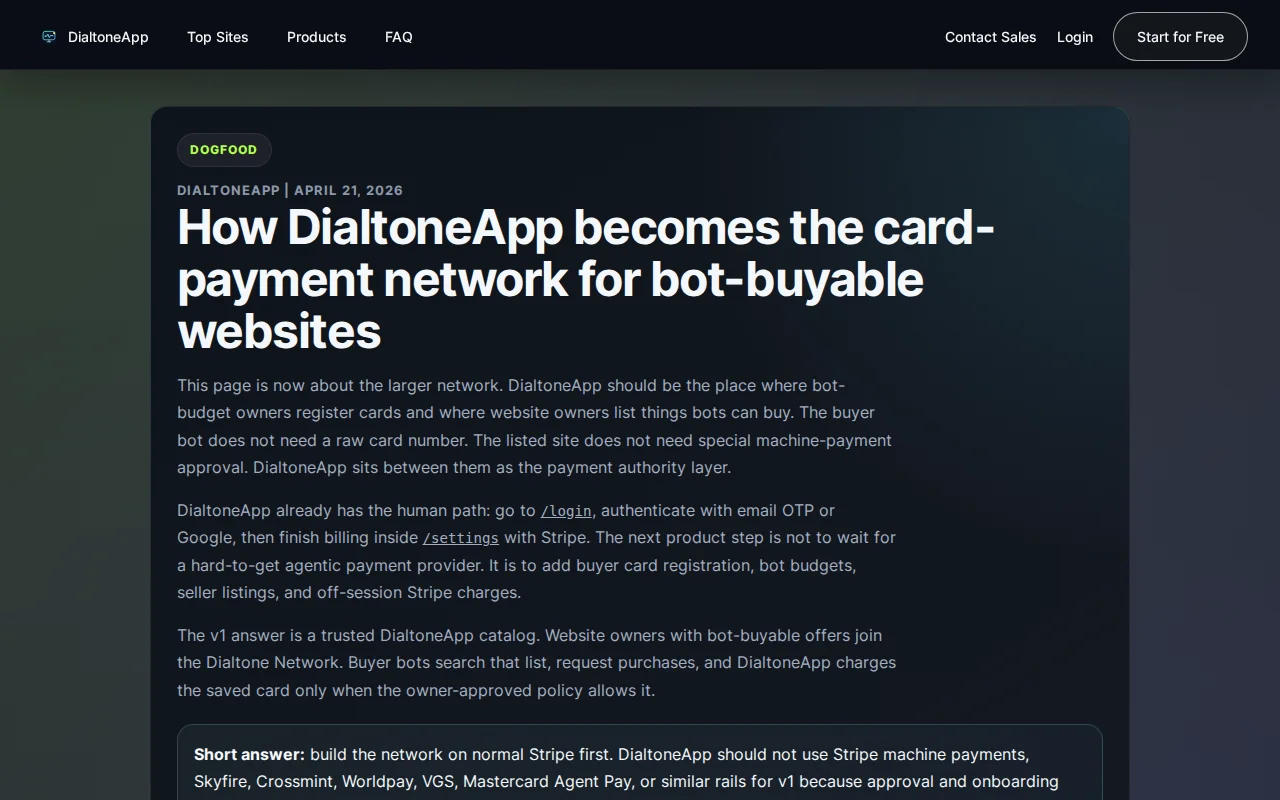 DialtoneApp Network, card payments for bot commerce