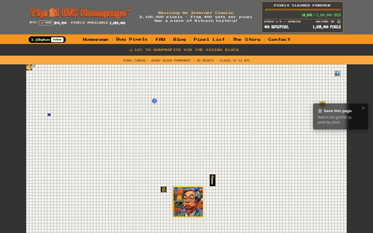 Million Dollar Homepage, 21 years later, priced in satoshis
