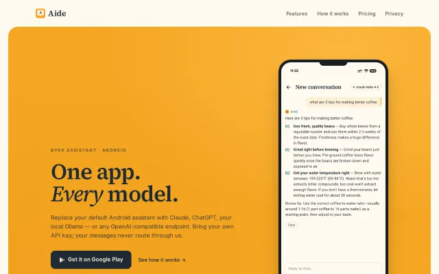 Aide – A customizable Android assistant (voice, choose your provider)