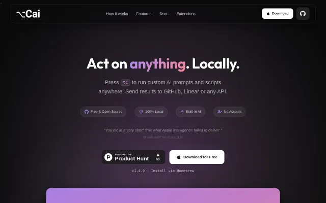Cai – Local AI Action Layer for macOS (Free, MIT, MLX)