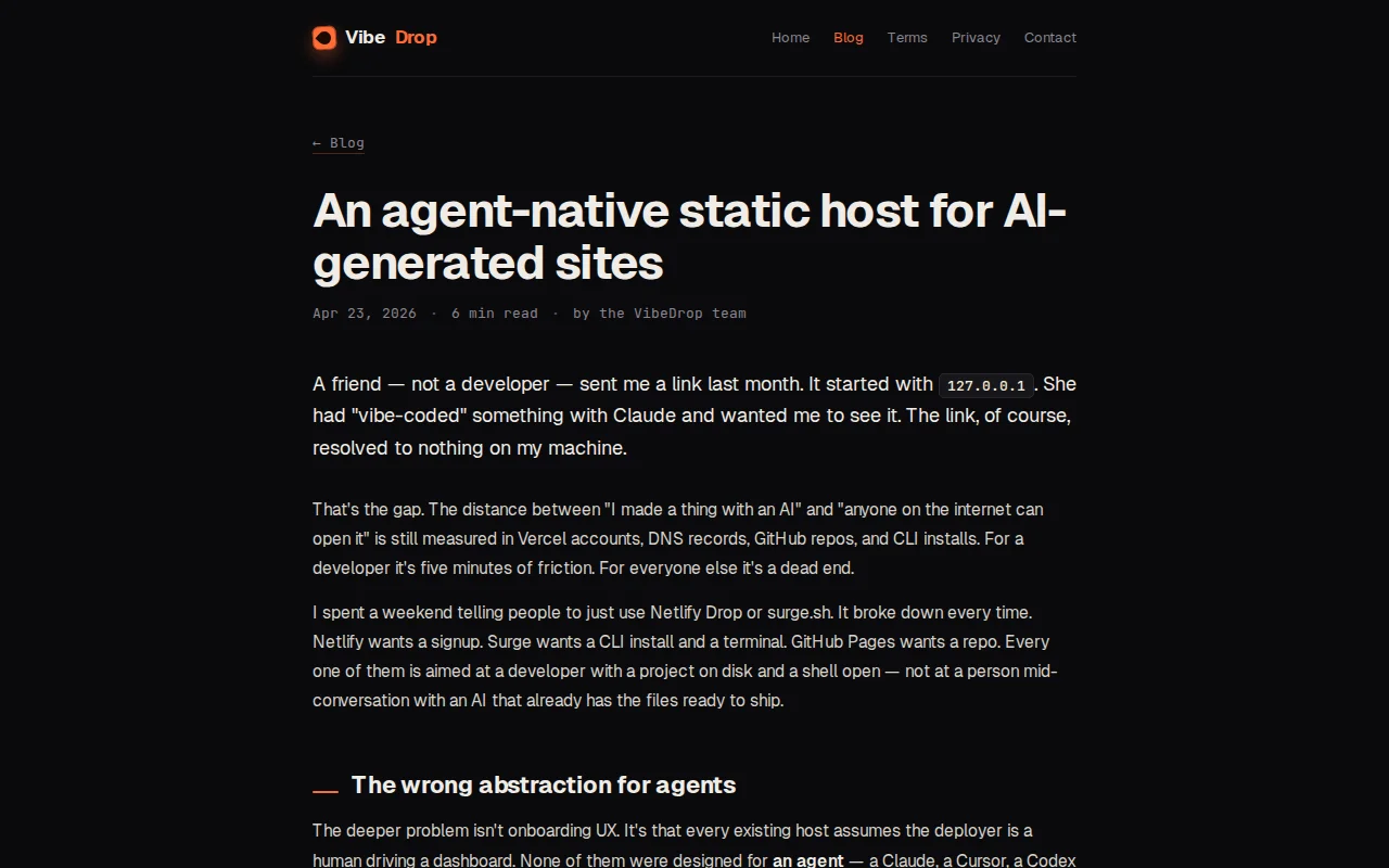 VibeDrop – an agent-native static host for AI-generated sites