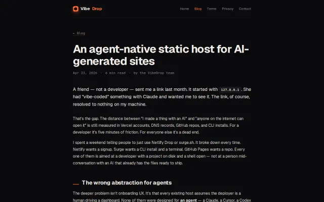 VibeDrop – an agent-native static host for AI-generated sites