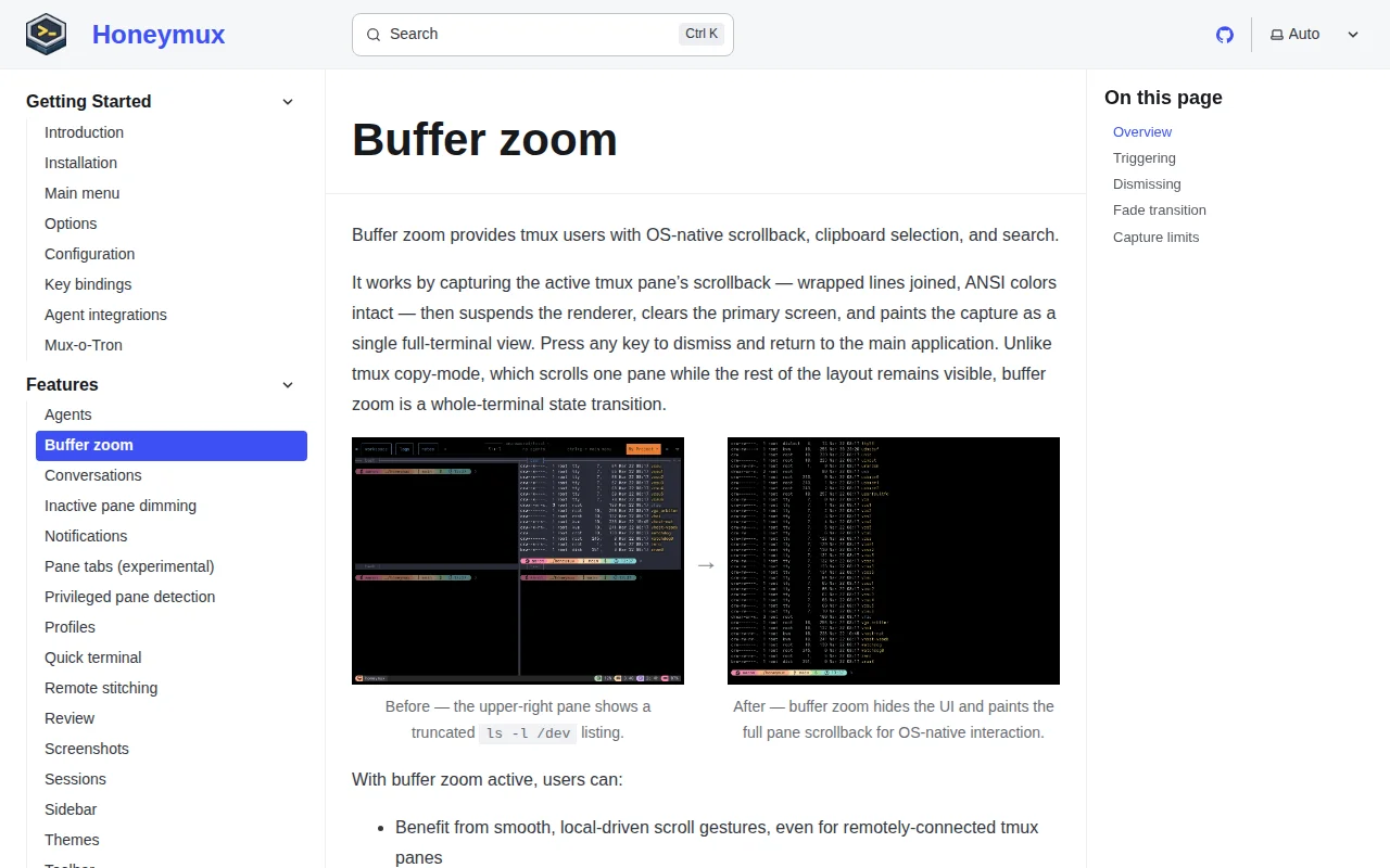Buffer zoom, adds OS-native scrollback, copy, and find to any tmux pane