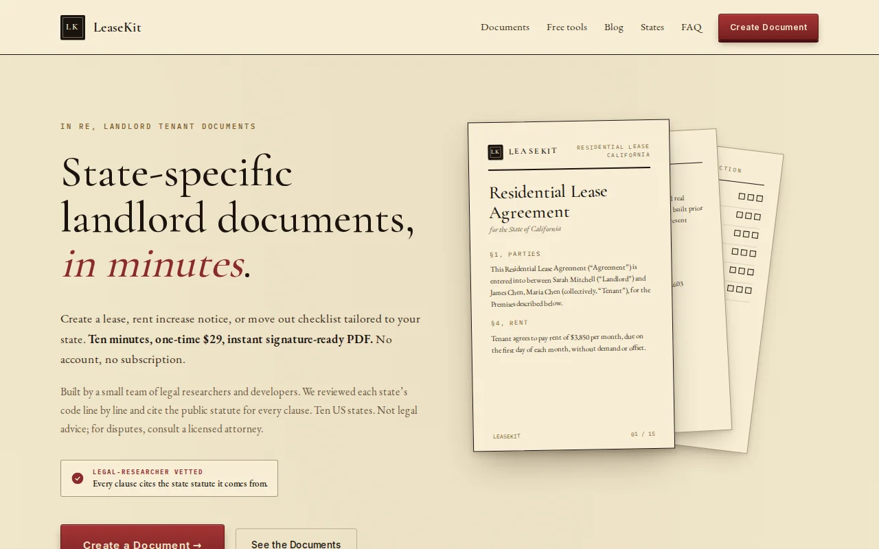 LeaseKit, state-specific US landlord docs, statute cited per clause