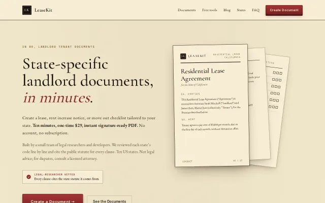 LeaseKit, state-specific US landlord docs, statute cited per clause