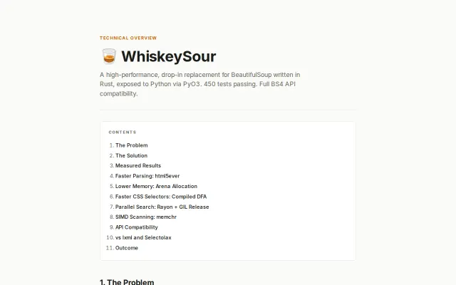 WhiskeySour – A 10x faster drop-in replacement for BeautifulSoup