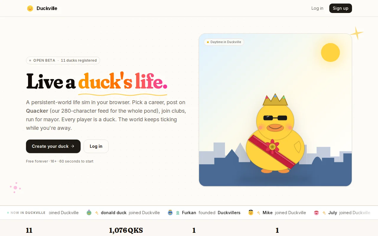 Duckville, a persistent-world life SIM where you're a duck