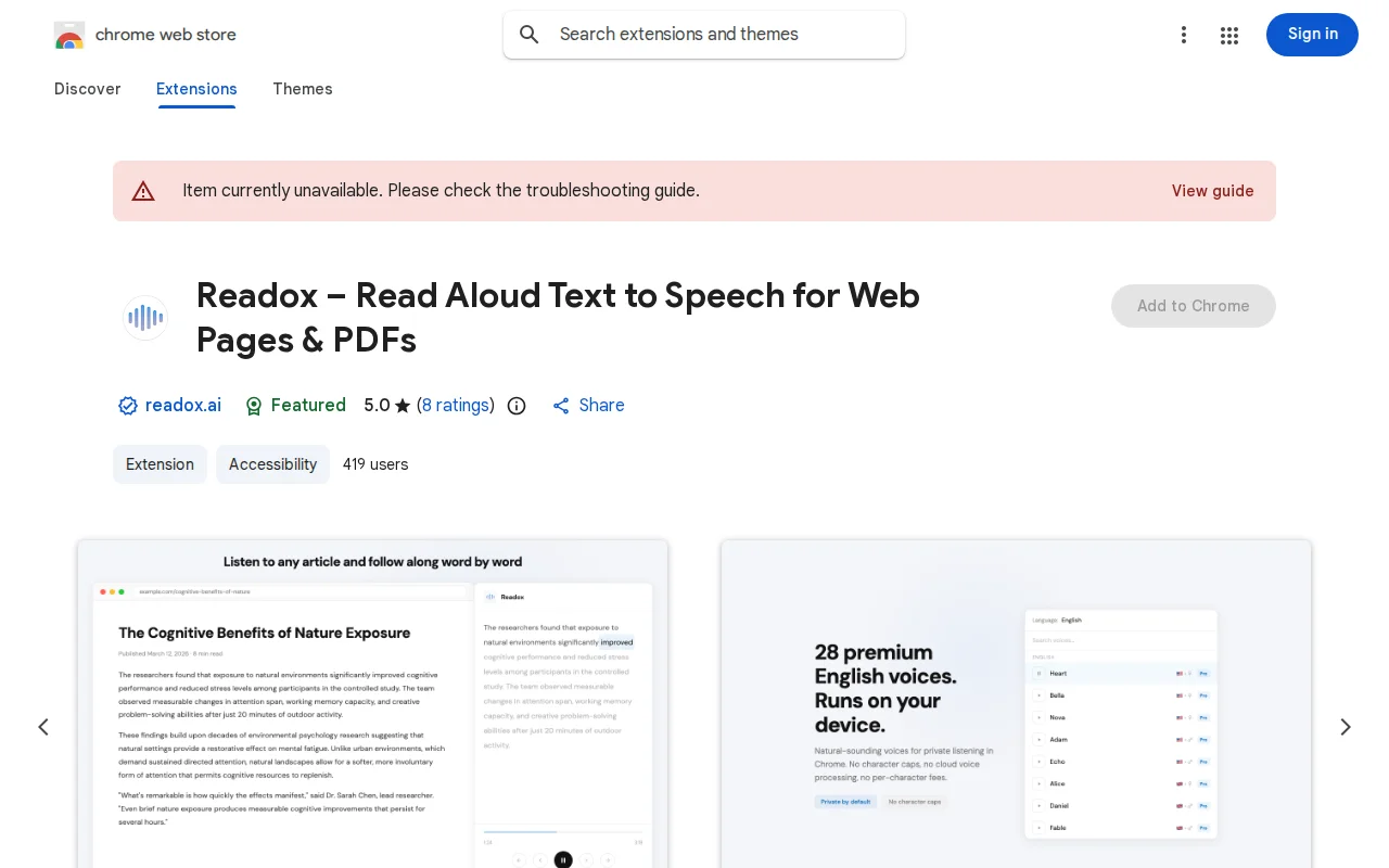 Readox, playlist-style read aloud extension for articles, PDFs and docs