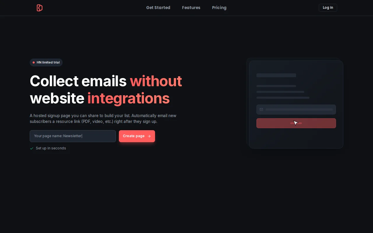 I've built email capture on a hosted page (no SDK/ESP setup)