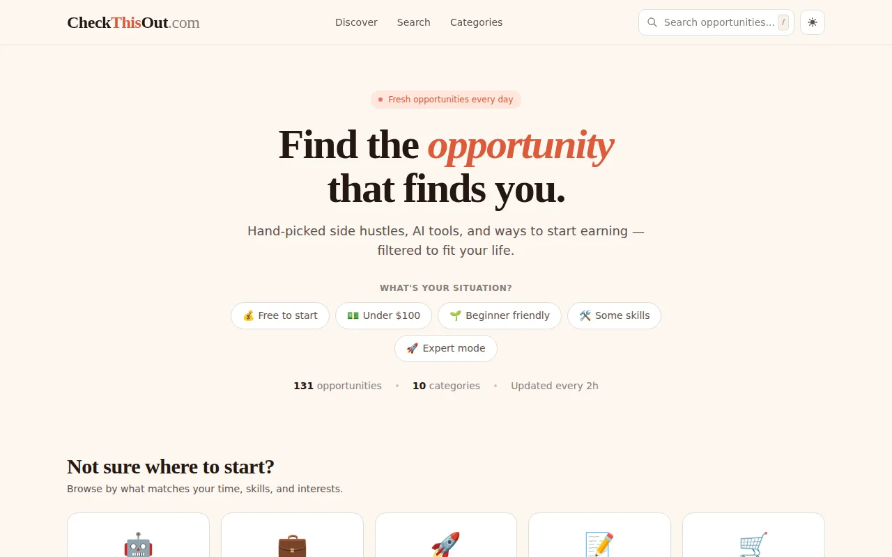 CheckThisOut – a filtered directory of side hustles and AI tools