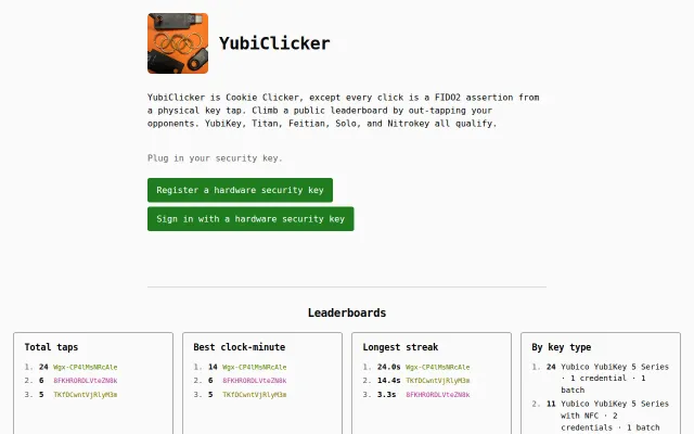 YubiClicker, a clicker game that requires a physical security key