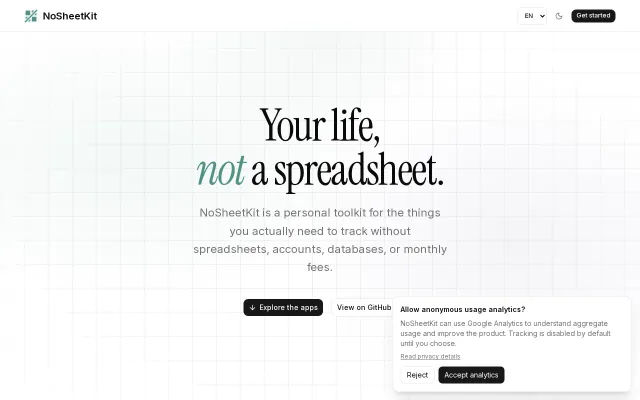 NoSheetKit – personal tracking mini-apps that run in the browser