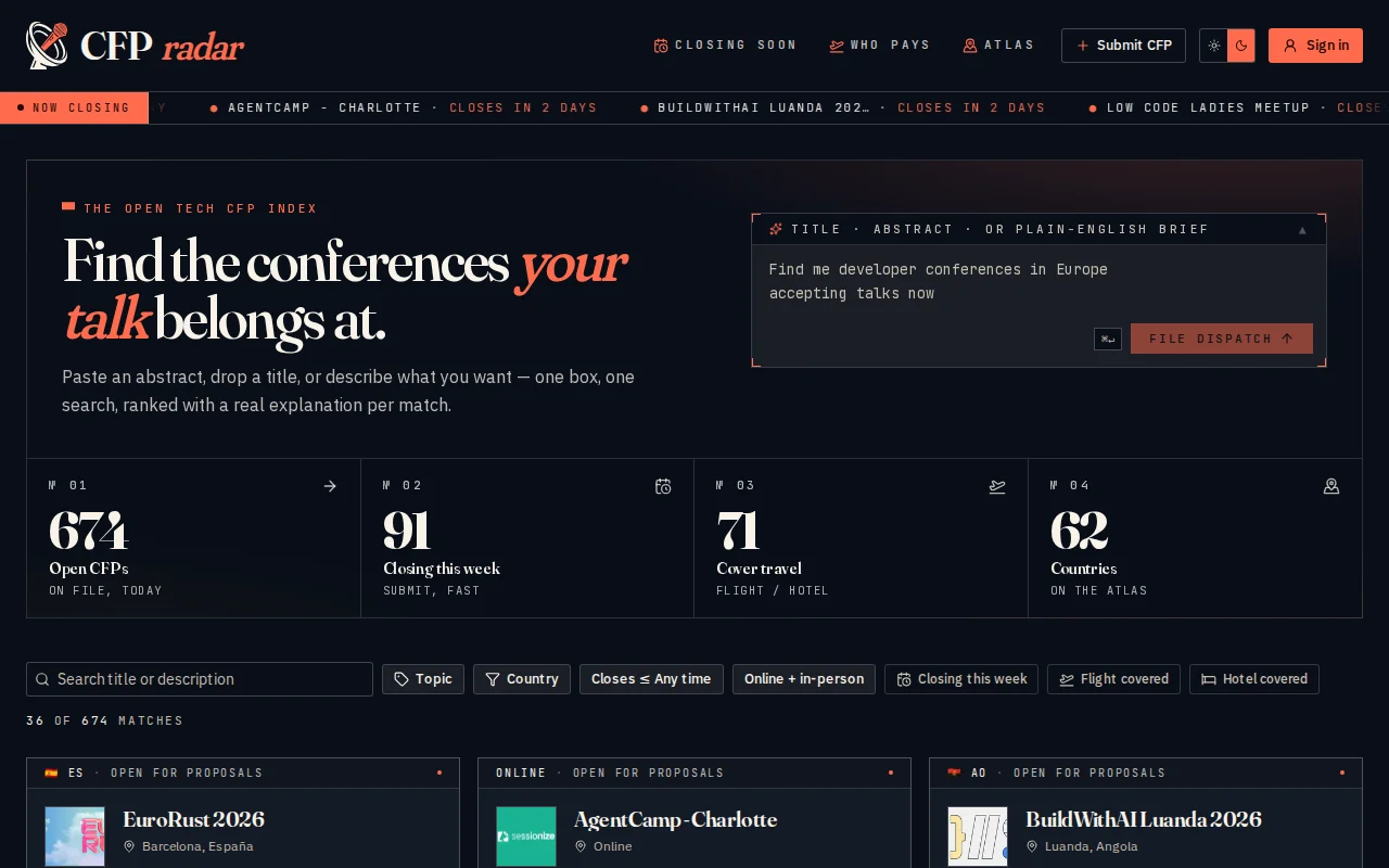 CFP Radar – Find the conferences your talk belongs at