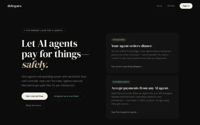 Delegare – let AI agents pay safely (x402, AP2 – base/USDC and Stripe)