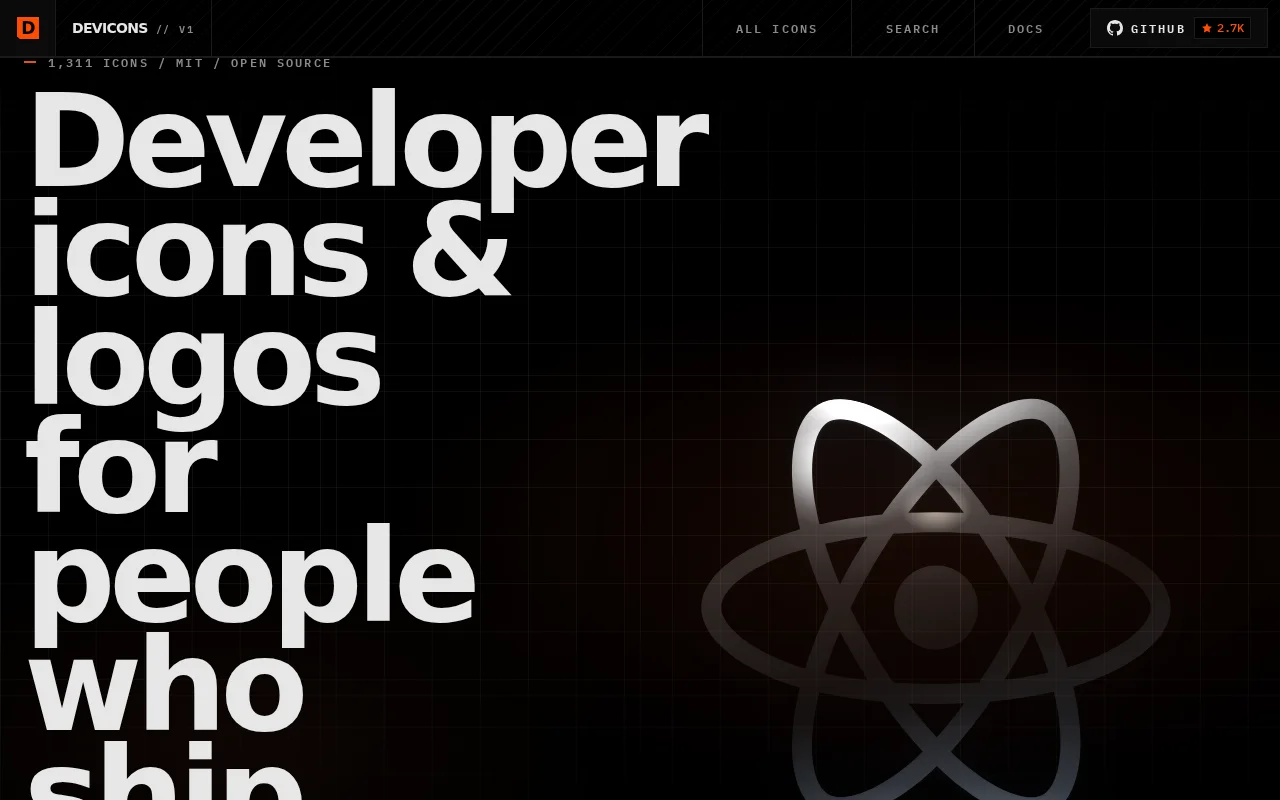 Devicons, +1300 logos and icons in React, SVG, and icon format