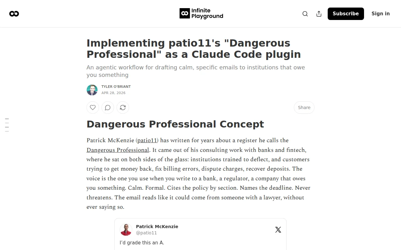 Implementing Patio11's "Dangerous Professional" as a Claude Code Plugin