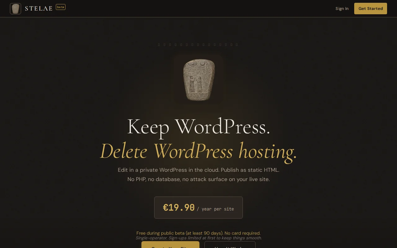 Stelae – €19.90/year WordPress, exported to static HTML