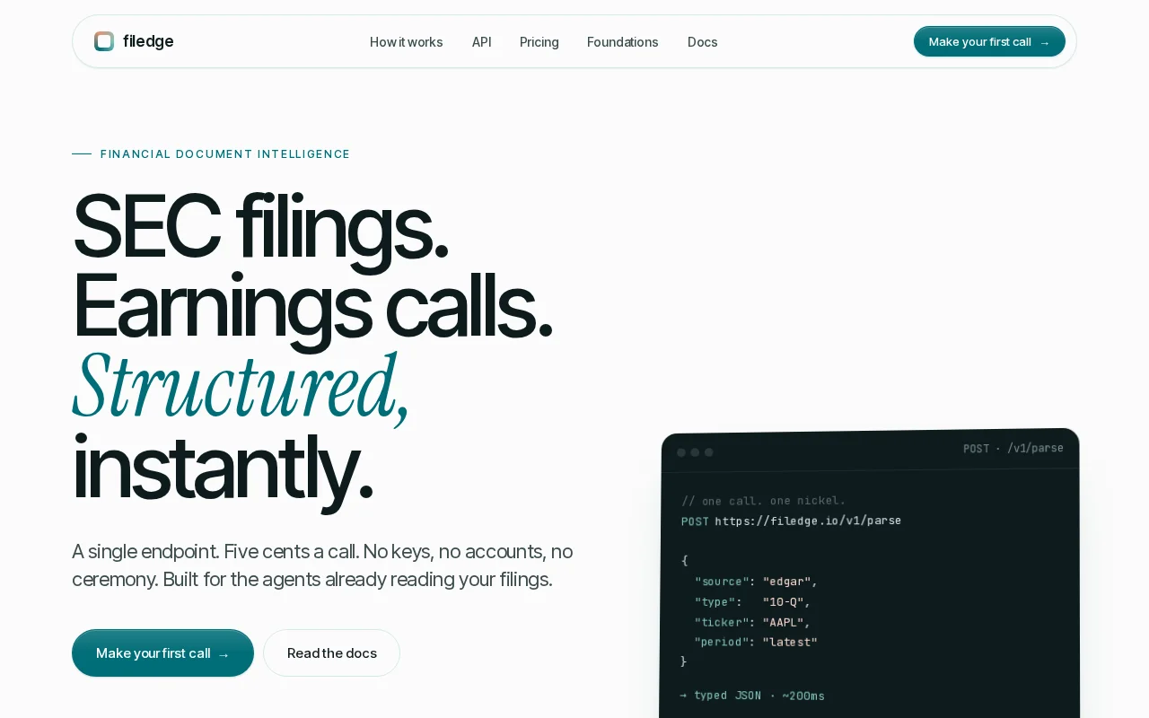 Filedge – parse SEC filings for $0.05 via x402, no keys