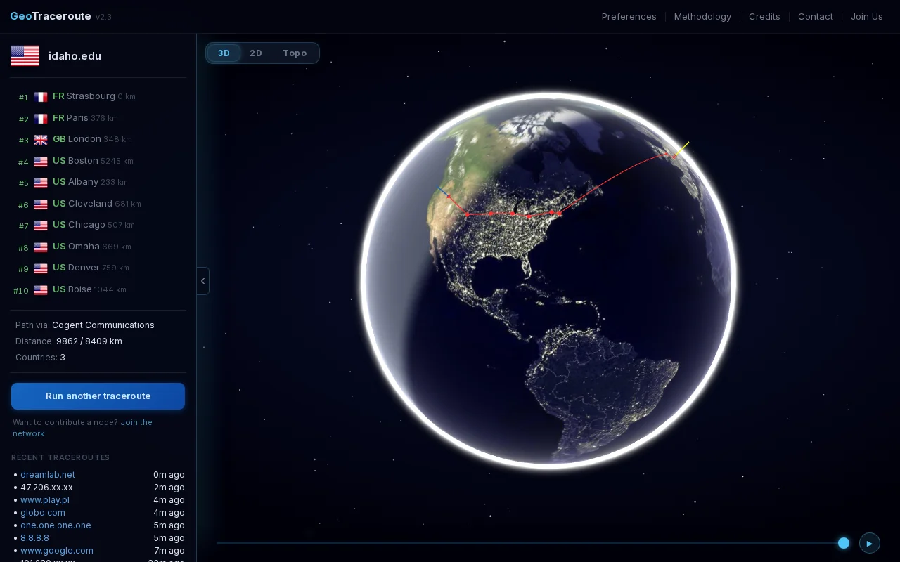 GeoTraceroute – Traceroutes on a 3D globe and submarine cables
