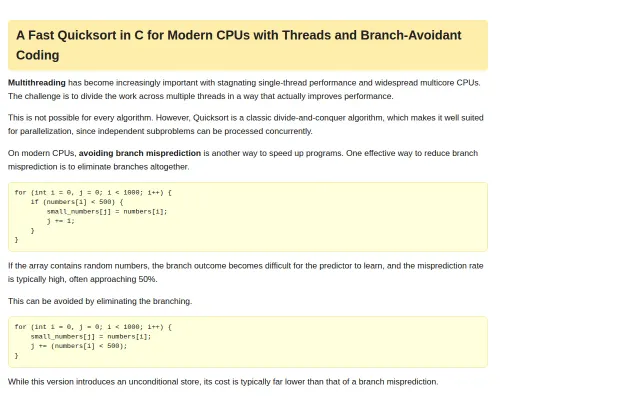 A Fast Quicksort in C with Branch‑Avoidant Coding and Threads