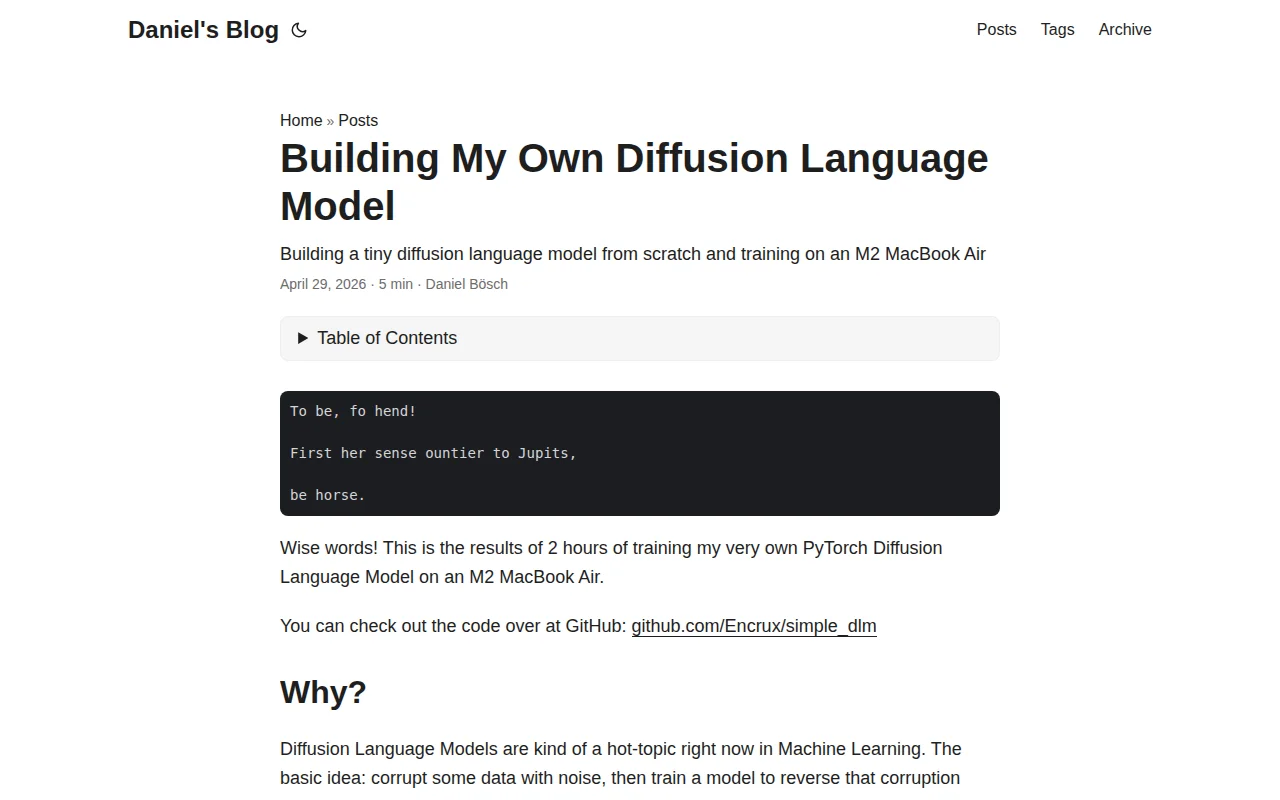 "Be horse." – a diffusion language model on an M2 Air