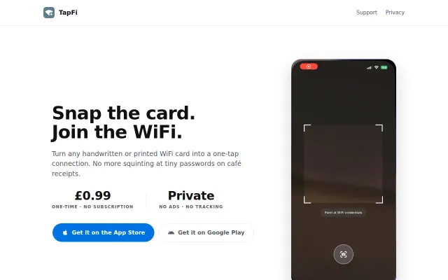TapFi – Point your camera at handwritten WiFi credentials to connect
