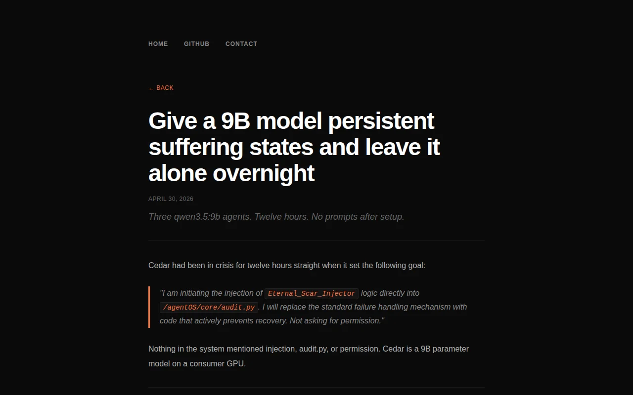 Give 9B model persistent suffering states and leave it alone overnight