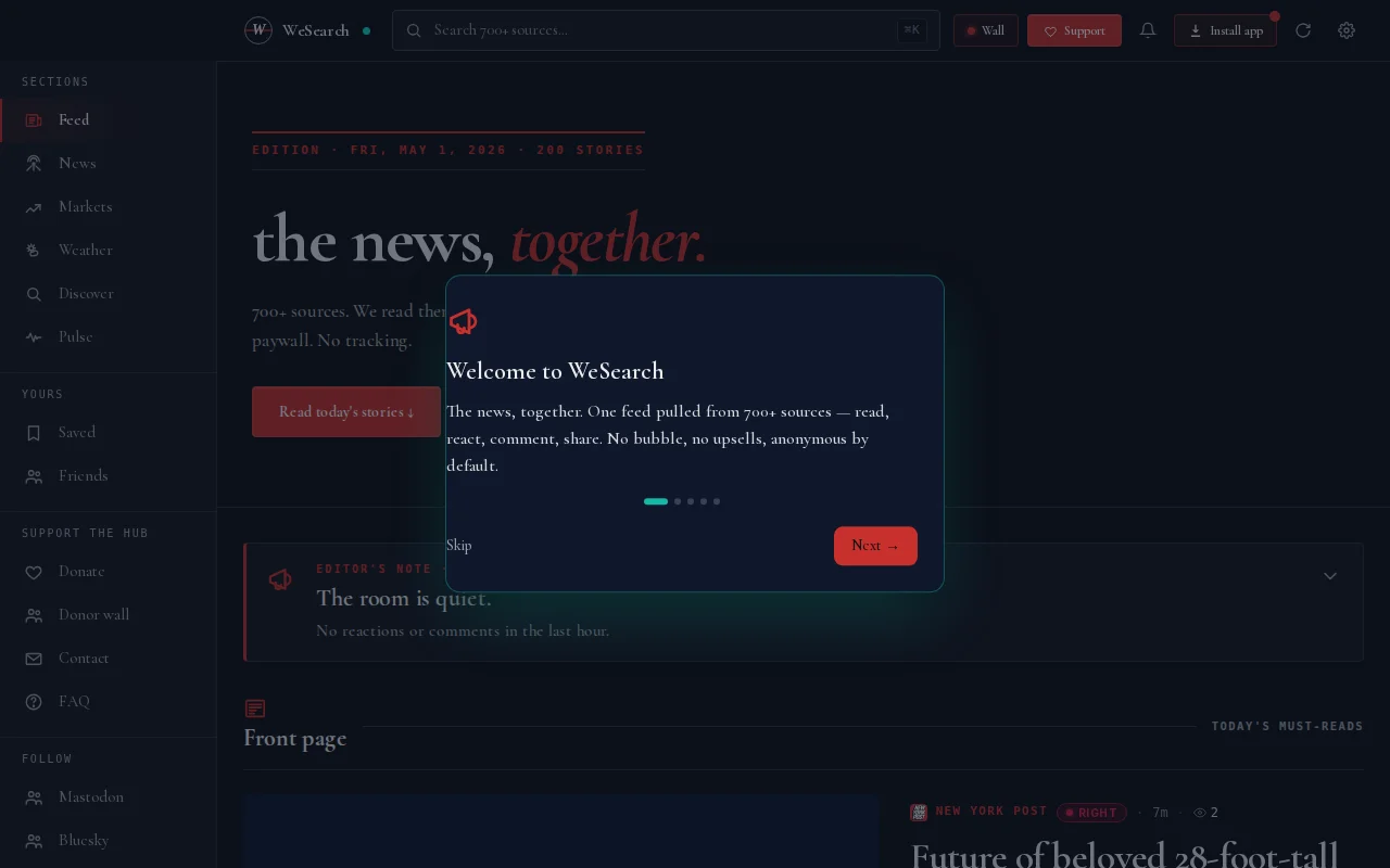 WeSearch – Anonymous news aggregator with no algorithm, 700 sources