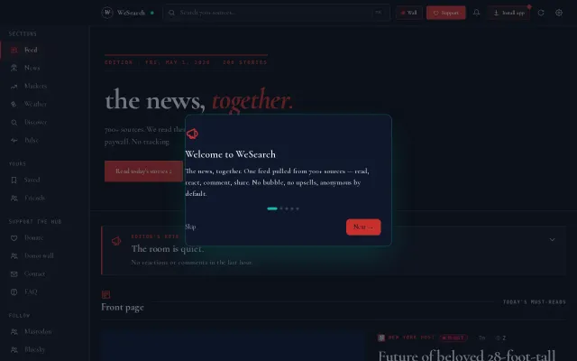 WeSearch – Anonymous news aggregator with no algorithm, 700 sources