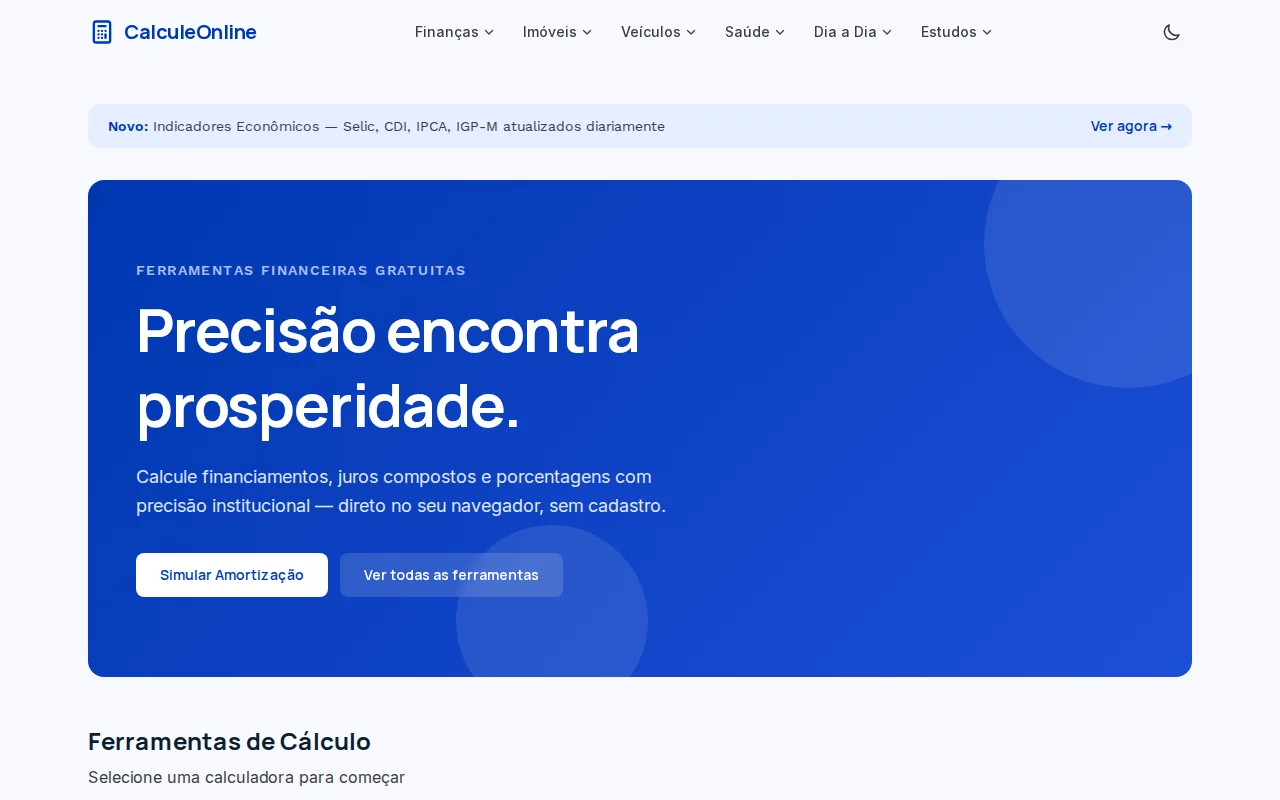 CalculeOnline – 150 Brazilian financial/math calculators, in-browser
