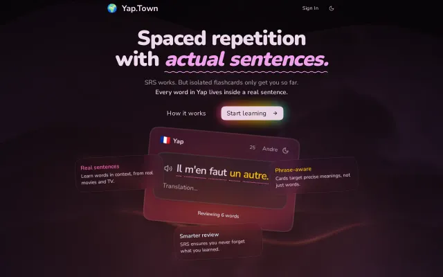 Language app with spaced repetition and comprehensible input