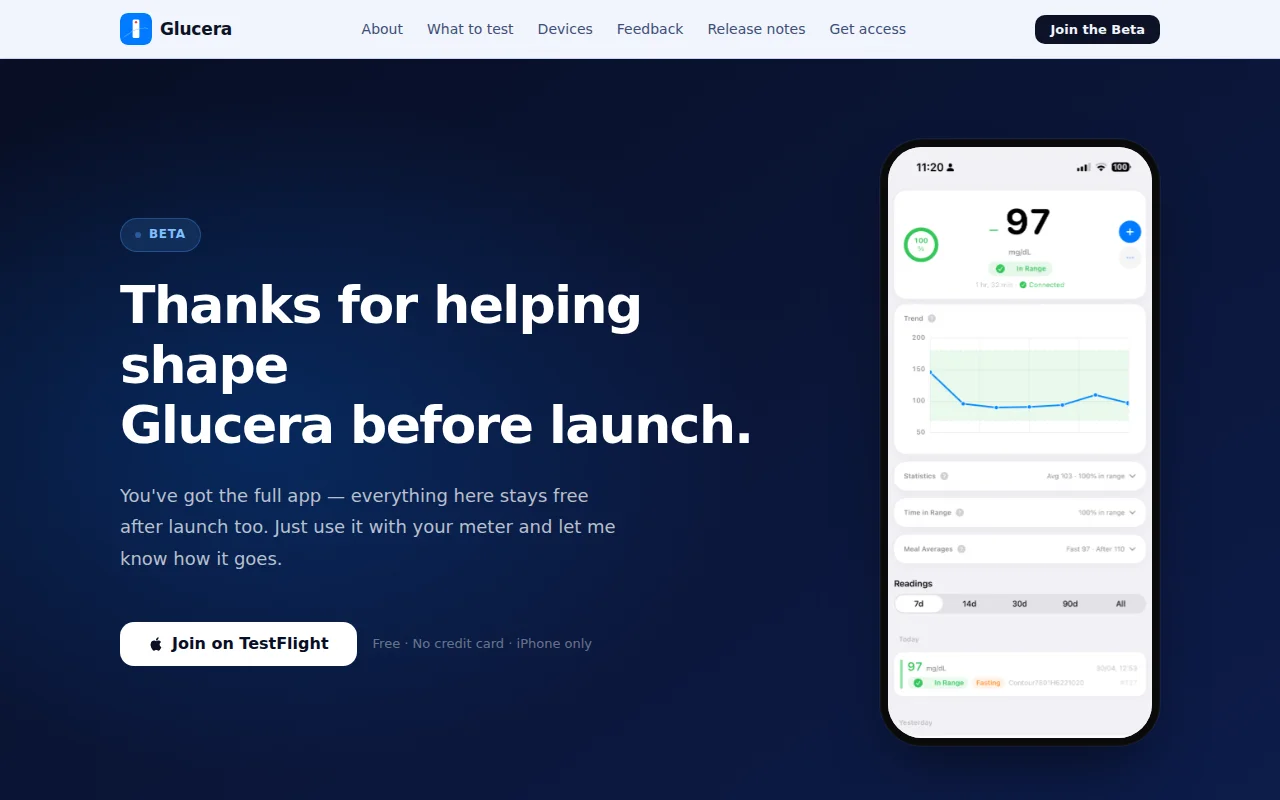 Glucera Local-first iPhone glucose app, seeking fingerstick beta tester
