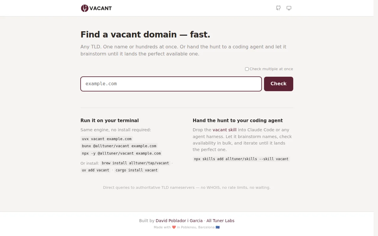 Vacant, a fast domain checker for you and your agent
