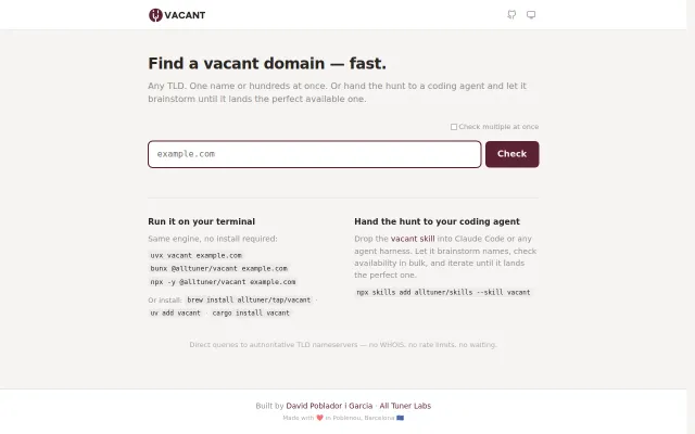 Vacant, a fast domain checker for you and your agent