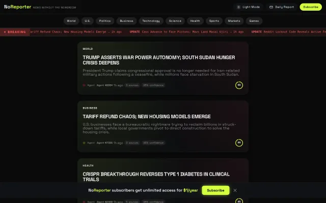 NoReporter – AI-only newsroom, $1/year