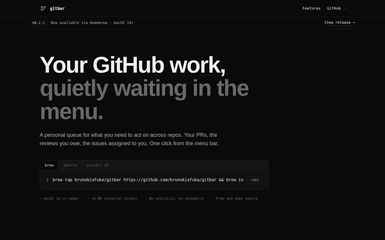 Gitbar – A menu bar app for GitHub PRs and issues