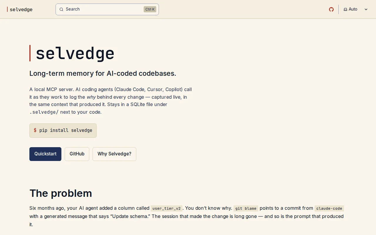Selvedge – an MCP server that captures why AI agents change code