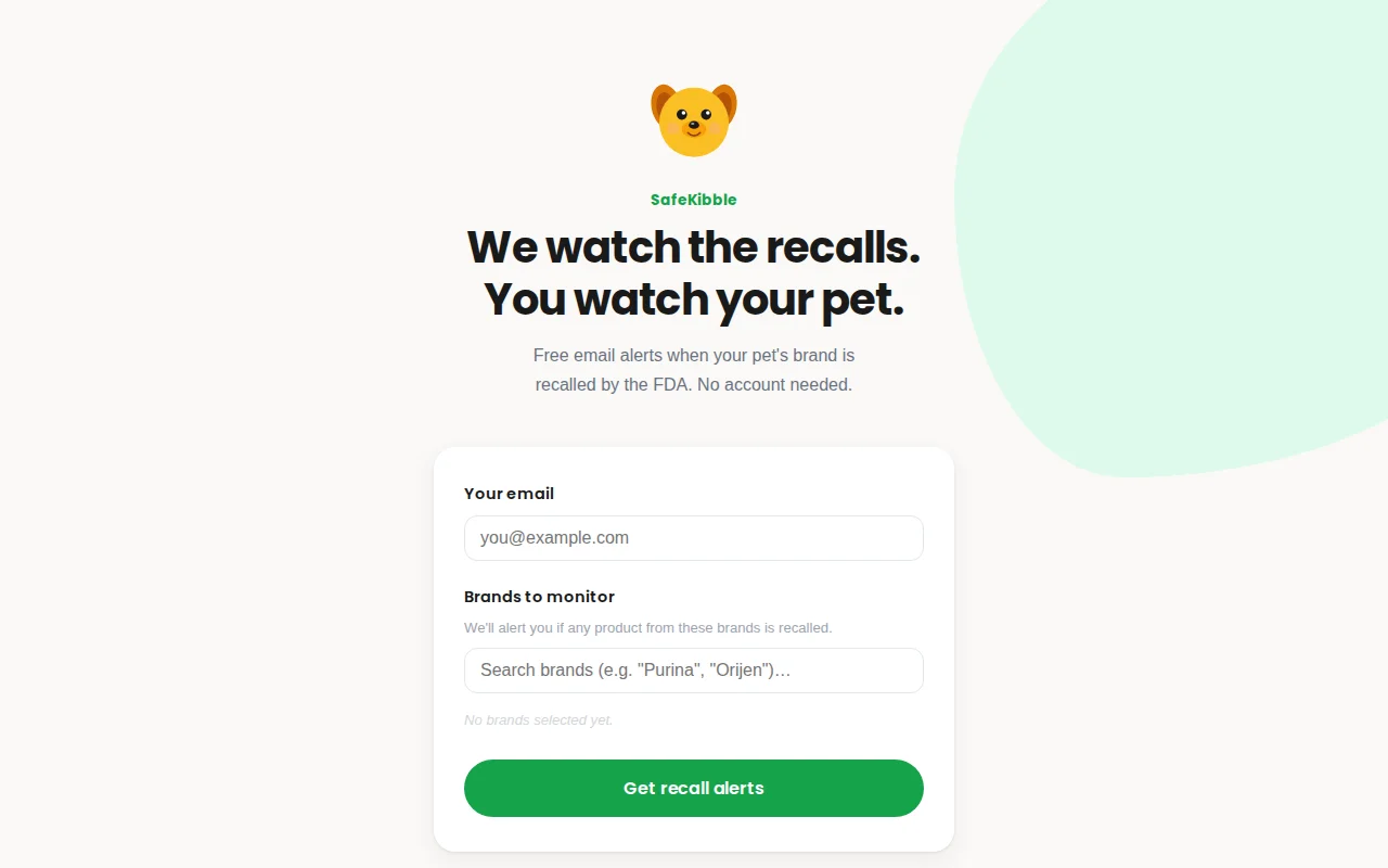 SafeKibble – free email alerts when your pet's food is FDA-recalled