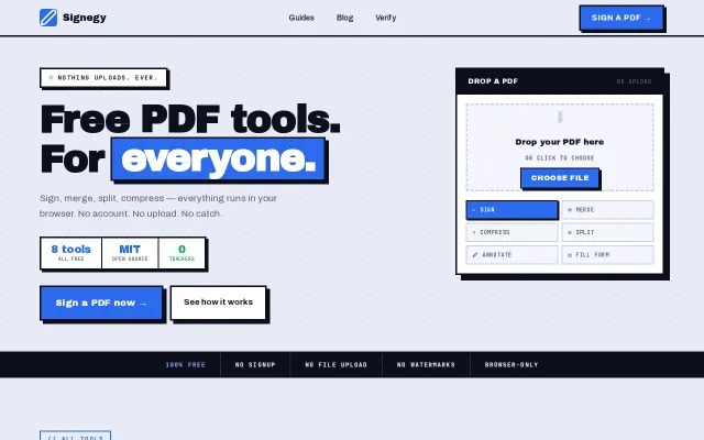 Signegy - free in-browser PDF toolkit, no signup