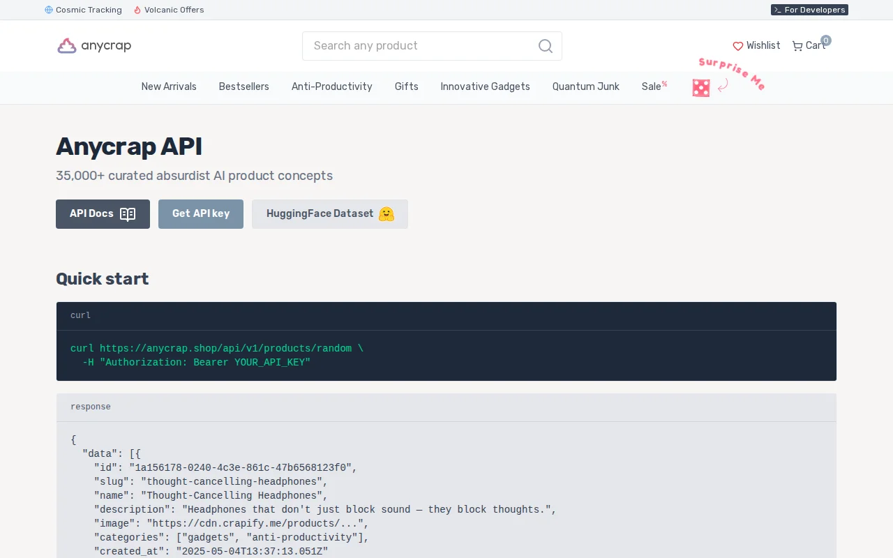 Anycrap – REST API for 35k absurdist AI-generated products
