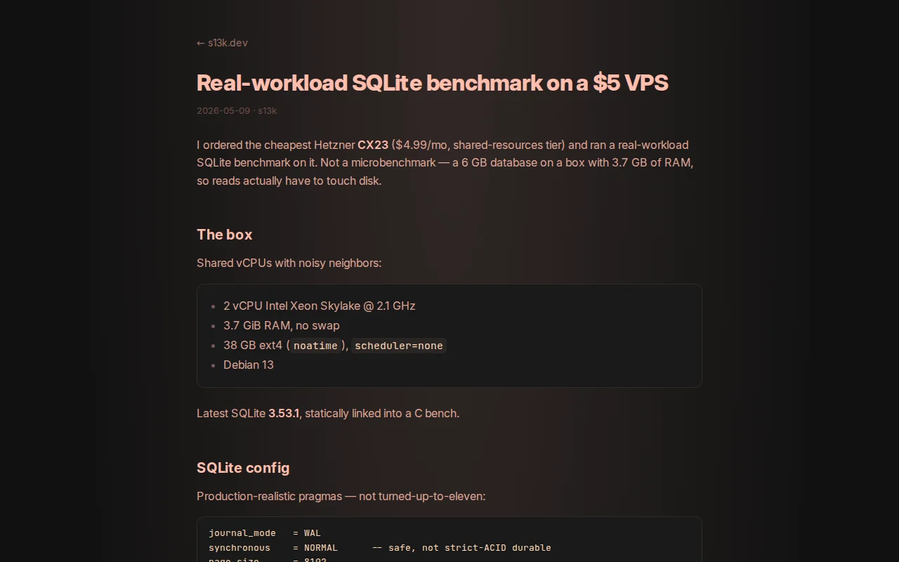 Real-workload SQLite benchmarks on Hetzner's cheapest VPS