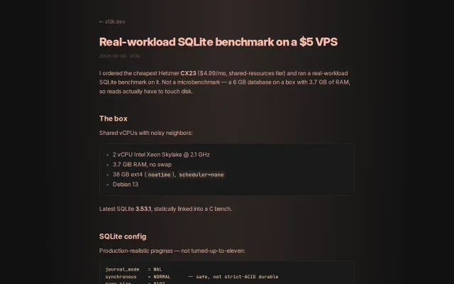 Real-workload SQLite benchmarks on Hetzner's cheapest VPS