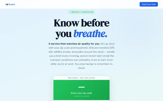 AirScore – Daily air-quality emails synthesizing EPA, NOAA, and pollen