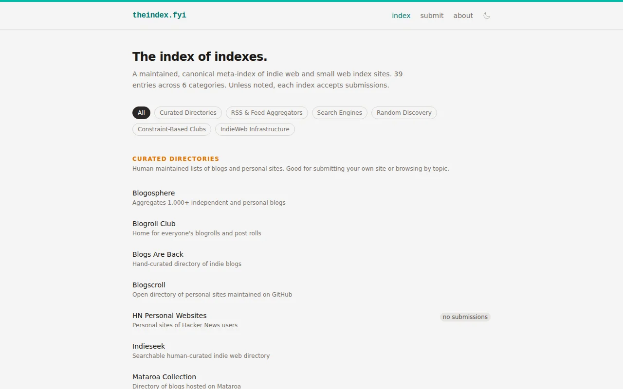 An index of indie web/blog indexes