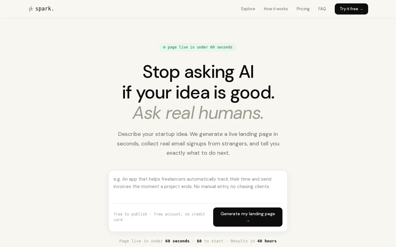 Describe your idea, get a live landing page with real users